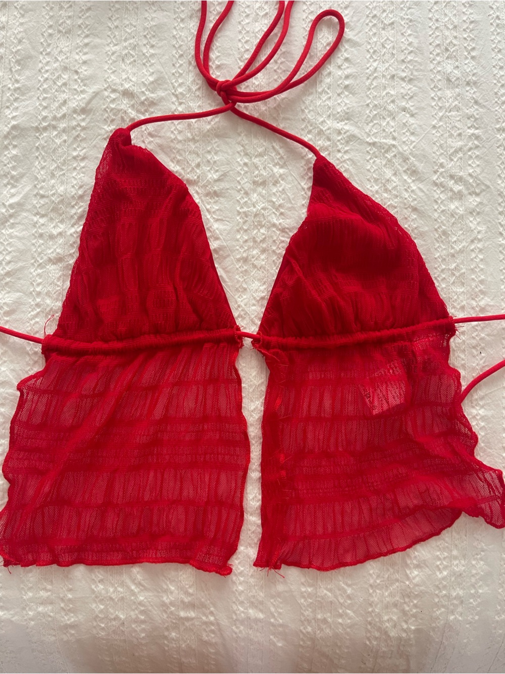 Red Sheer Ruffle Halter Crop Top